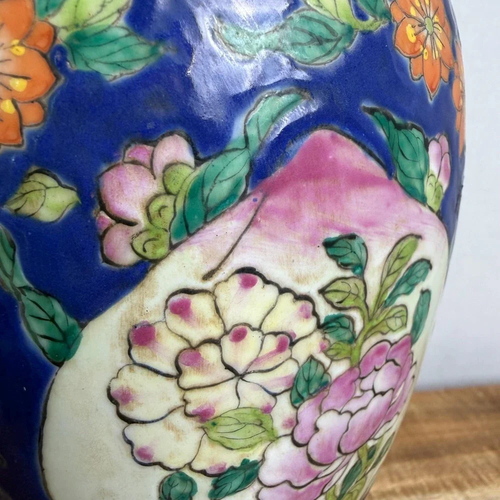 Chinese Vase Famille Rose Floral Cobalt Blue Qianlong Style Chinoiserie